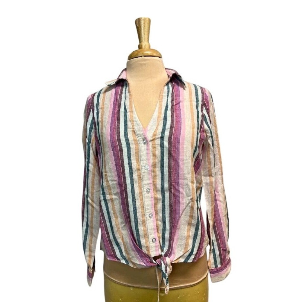 Drew Button Up Top Women M Multi Color Excellent Tie Waist V Neck Stripe Linen